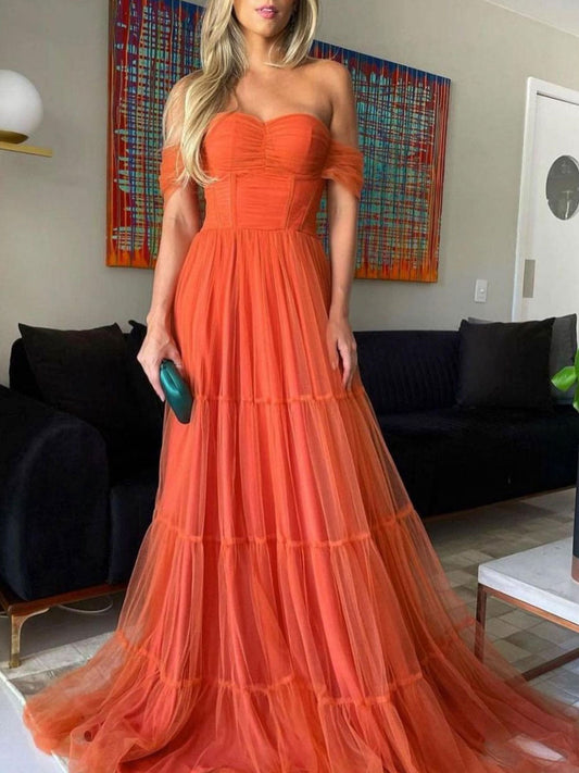 Simple A-Line Sweetheart Neck Tulle Long Prom Dress Orange Formal Dress