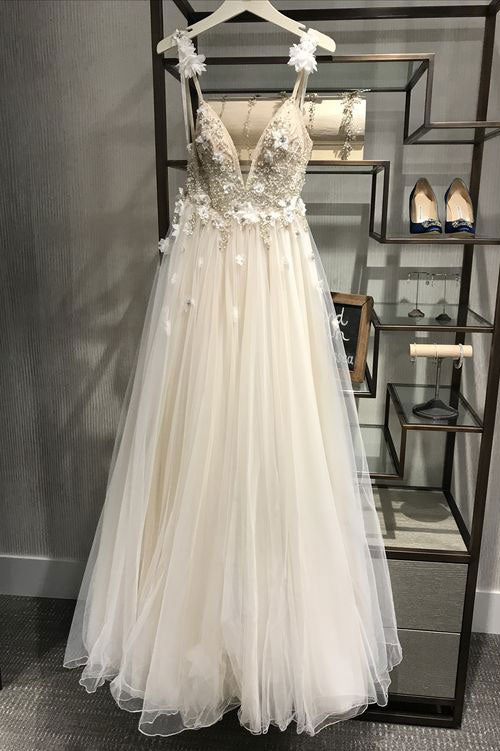 Unique V-Neck Tulle Light Champagne Long Prom Dress Evening Dress