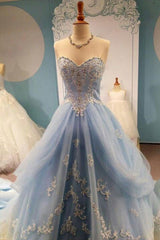 Blue Sweetheart Neck Tulle Lace Appliqu¨¦ Long Prom Dress Blue Evening Dress