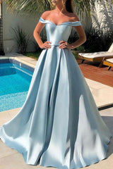 Simple Blue Off-Shoulder Satin Long Prom Dress Blue Evening Gown