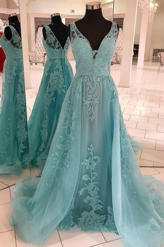 Green V-Neck Tulle Lace Long Prom Dress Green Tulle Evening Dress