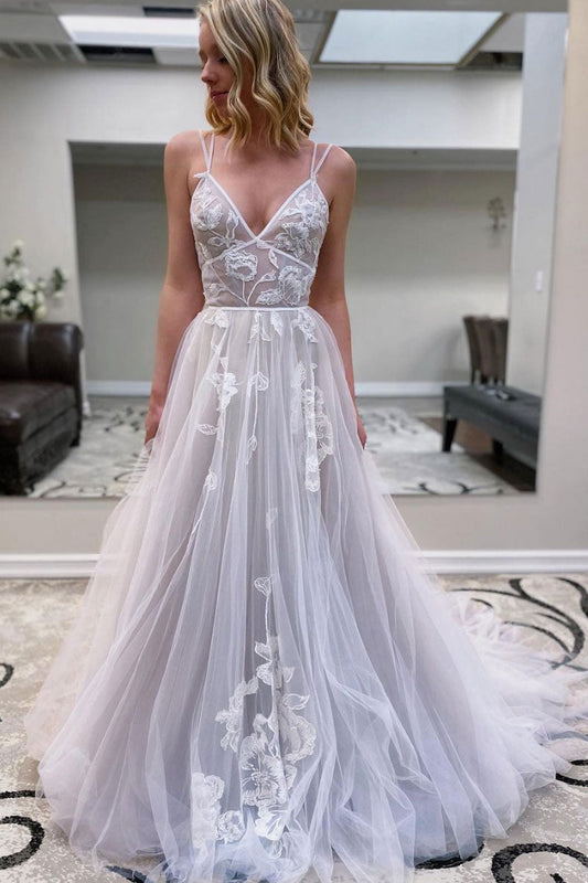 Gray V-Neck Tulle Lace Long Prom Dress Gray Tulle Evening Gown