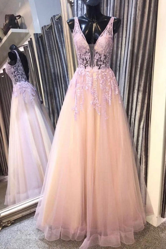 Pink V-Neck Tulle Lace Long Prom Dress Pink Lace Evening Dress