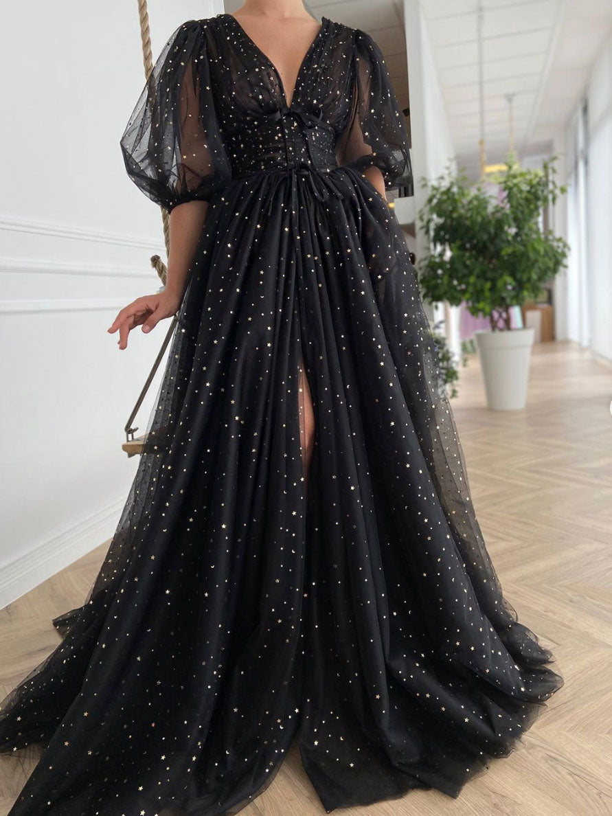 Black V-Neck Tulle Long Prom Dress Black Evening Dress