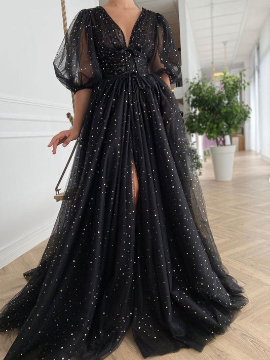 Black V-Neck Tulle Long Prom Dress Black Evening Dress