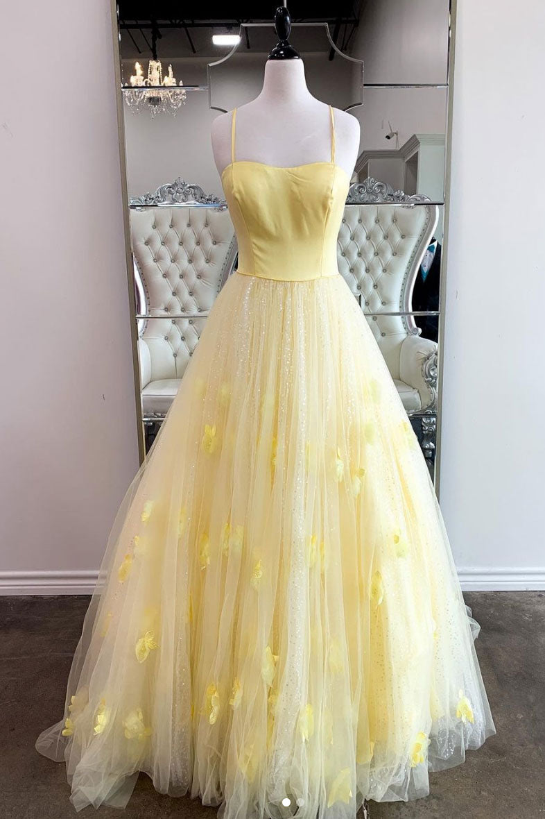 Yellow Tulle Sequin Long Prom Dress Yellow Tulle Formal Dress