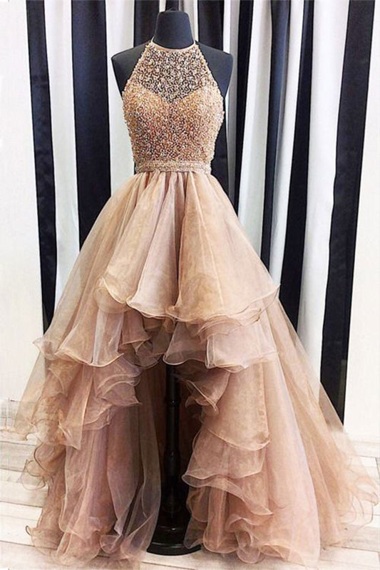 Champagne Tulle Beads High Low Prom Dress Champagne Evening Dress