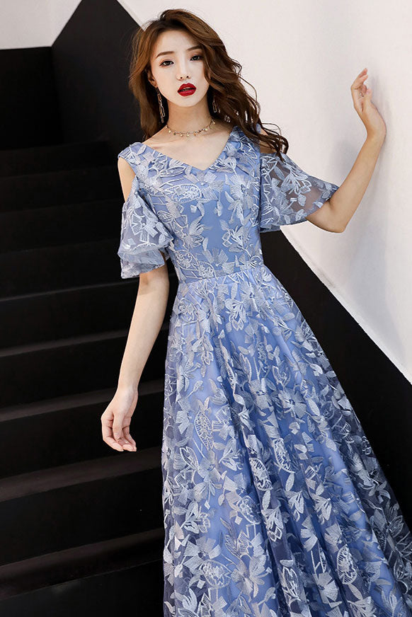 Blue V-Neck Tulle Lace Long Prom Dress Blue Lace Formal Dress