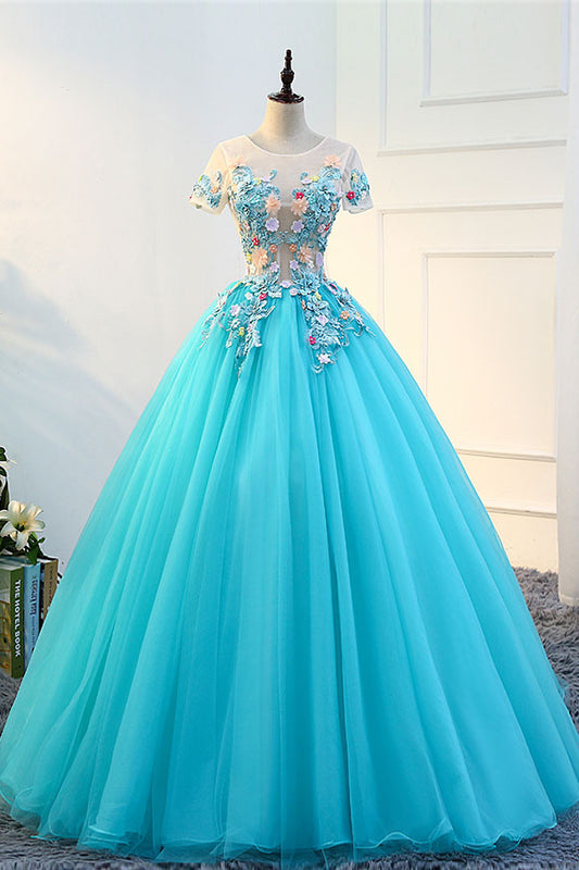 Blue Round Neck Tulle Lace Applique Long Prom Dress Blue Lace Evening Gown