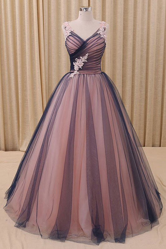 Simple Tulle V-Neck Long Prom Dress Tulle Evening Gown