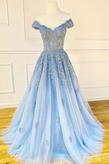 Blue Sweetheart Off-Shoulder Lace Tulle Long Prom Dress Lace Formal Dress