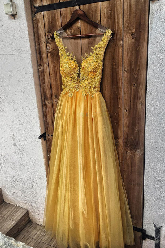 Yellow Lace Tulle Long Prom Dress Yellow Evening Dress