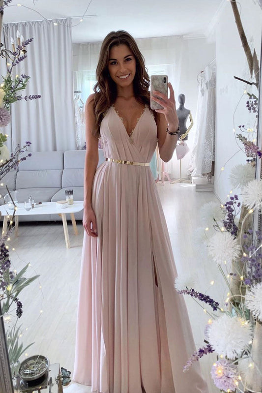 Pink V-Neck Chiffon Long Prom Dress Pink Long Evening Gown