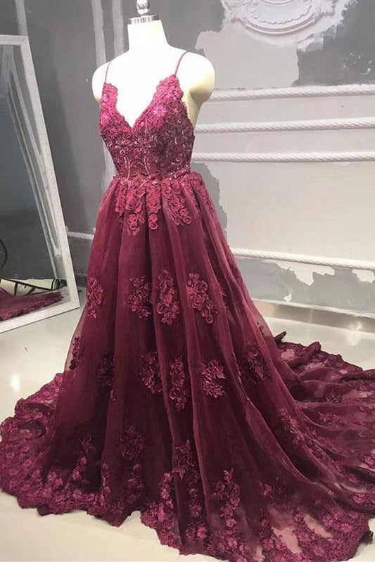 Burgundy Tulle Lace Long Prom Dress Burgundy Evening Dress