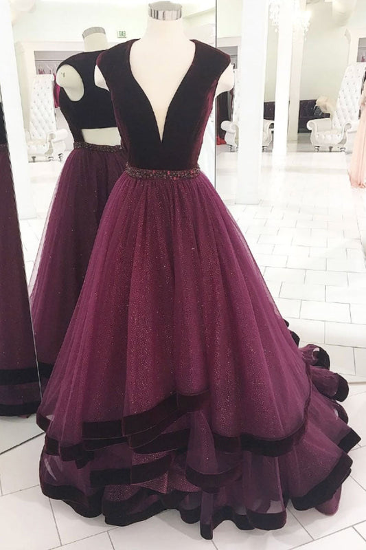 Burgundy V-Neck Tulle Long Prom Dress Burgundy Evening Gown