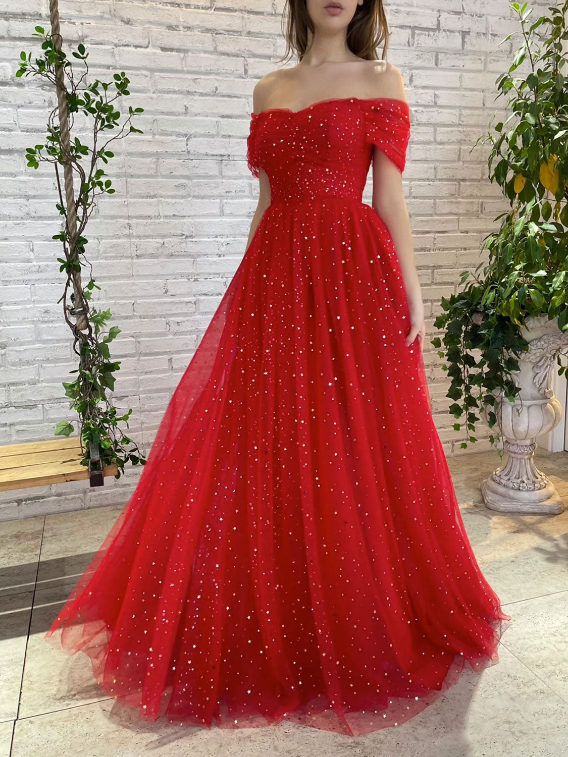 Simple Red Tulle Off-Shoulder Long Prom Dress Red Tulle Formal Dress