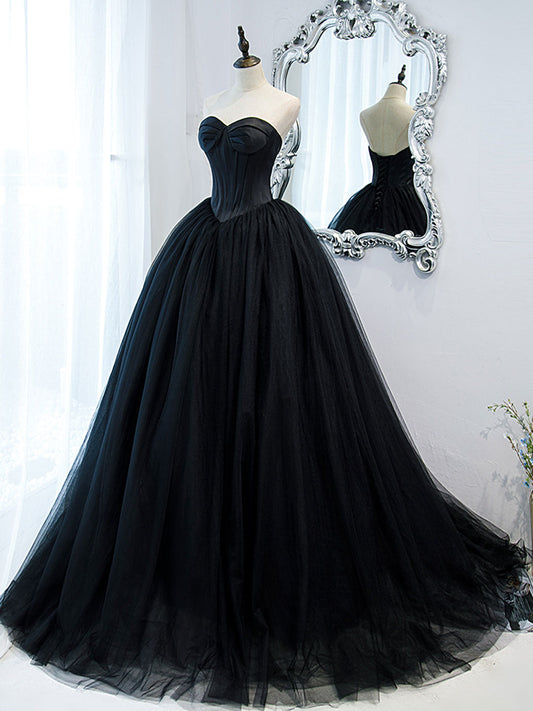 Black Sweetheart Neck Tulle Long Prom Dress Black Formal Evening Dress