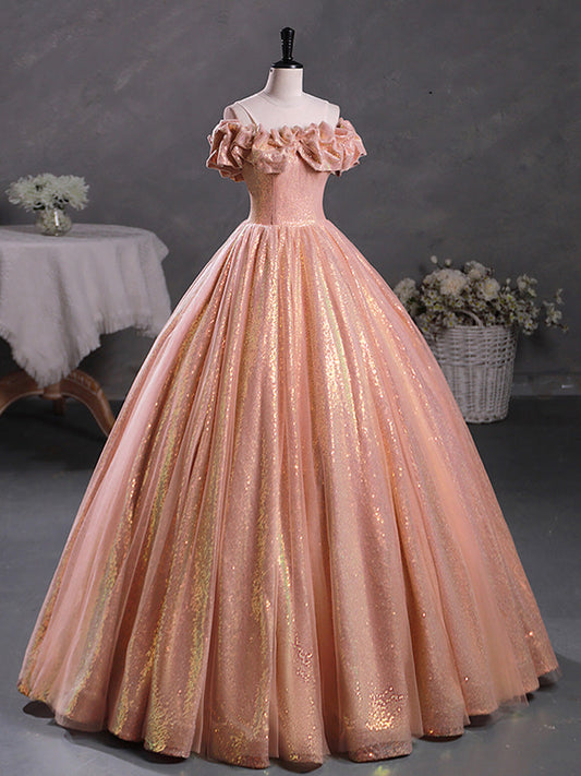 A-Line Off-Shoulder Sequin Orange Pink Long Prom Dress Sequin Evening Dress