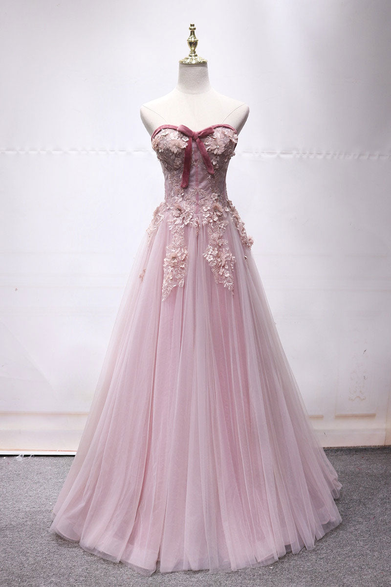 Pink Sweetheart Tulle Lace Long Prom Dress Pink Lace Evening Dress