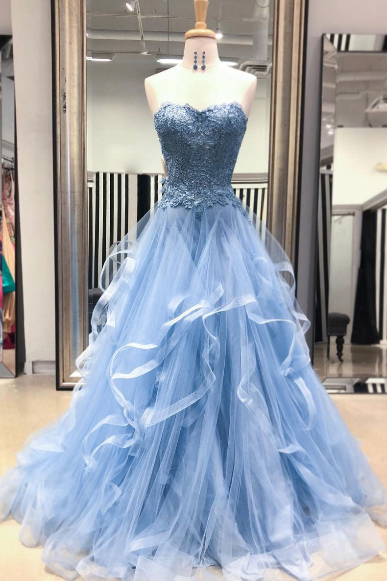 Blue Sweetheart Neck Tulle Lace Long Prom Dress Blue Lace Evening Dress