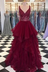 Burgundy V-Neck Tulle Sequin Beads Long Prom Dress Burgundy Evening Gown