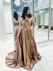 Simple One-Shoulder Satin Long Prom Dress Champagne Evening Dress