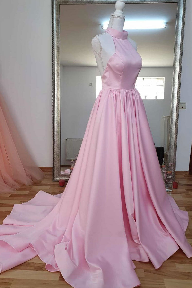 Pink High Neck Satin Long Prom Dress Pink Evening Dress