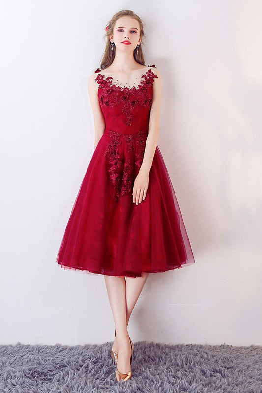 Unique Burgundy Round Neck Tulle Prom Dress Burgundy Evening Dress