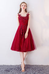 Unique Burgundy Round Neck Tulle Prom Dress Burgundy Evening Dress