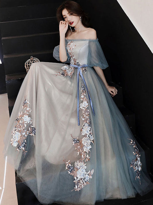 Gray Blue Tulle Lace Long Prom Dress Gray Tulle Formal Dress