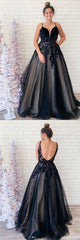 Black V-Neck Tulle Lace Long Prom Dress Black Evening Dress