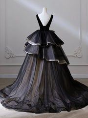 Black V-Neck Tulle Velvet Long Prom Dress Black Long Formal Dress