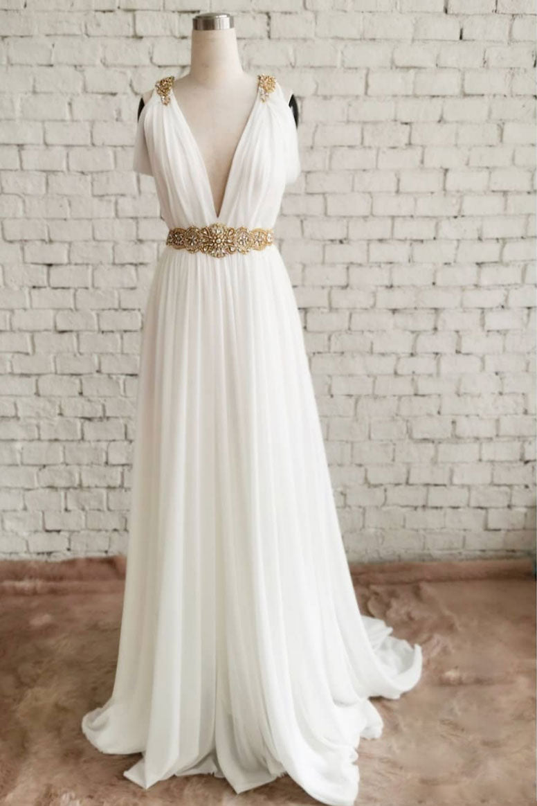 White V-Neck Chiffon Long Prom Dress White Evening Gown