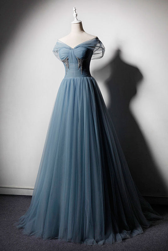 Blue Tulle Off-Shoulder Long Prom Dress Blue Tulle Evening Dress