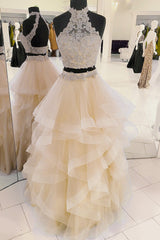 Champagne Tulle Two-Piece Long Prom Dress Champagne Evening Dress