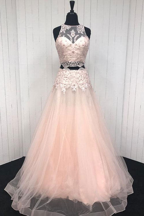 Pink Two-Piece Lace Tulle Long Prom Dress Pink Evening Dress