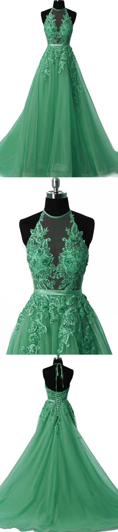 Unique Tulle Lace Applique Green Long Prom Dress Green Tulle Evening Dress