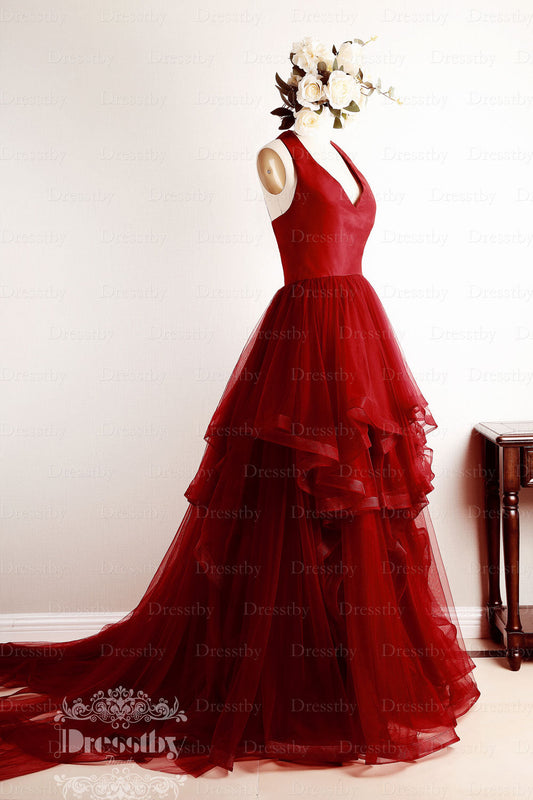 Burgundy V-Neck Tulle Long Prom Dress Burgundy Evening Dress