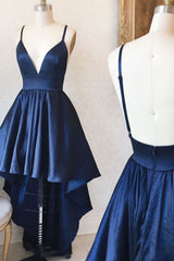 Dark Blue V-Neck High-Low Prom Dress Dark Blue Evening Dress