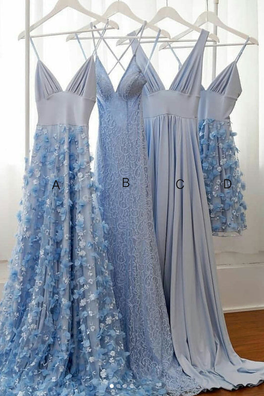 Blue Tulle Lace Long Prom Dress Tulle Formal Dress