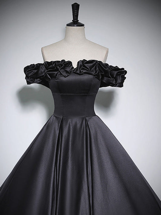 Black A-Line Off-Shoulder Satin Long Prom Dress Black Formal Dress