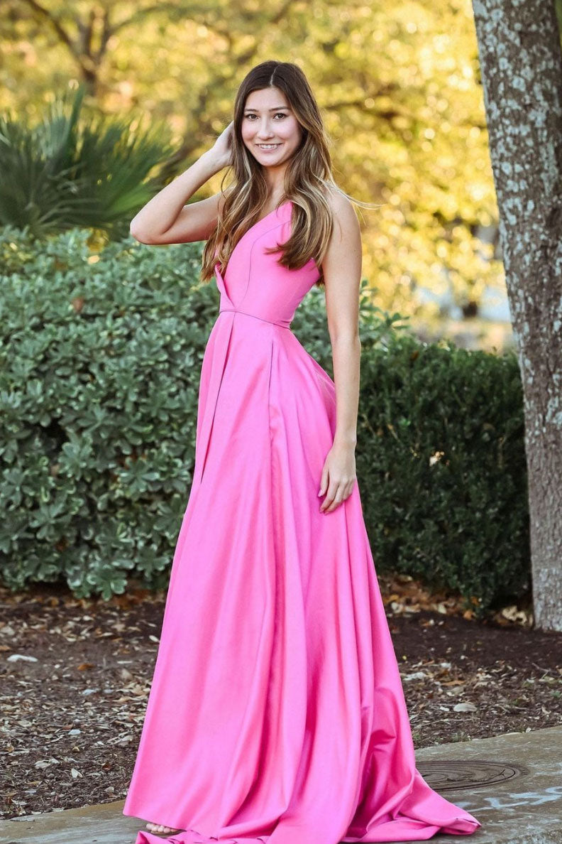 Simple Pink Satin Long Prom Dress Pink Satin Long Evening Dress