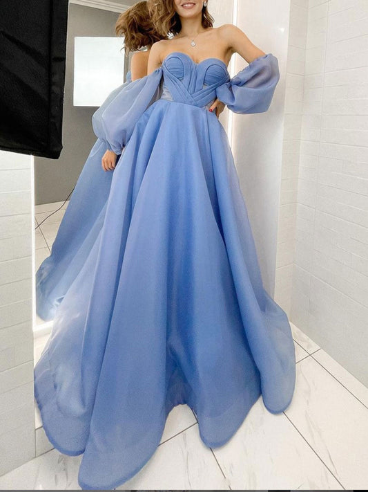 Blue Sweetheart Neck Organza Long Prom Dress Blue Evening Dress