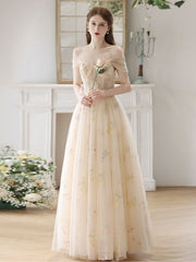 Champagne Tulle Lace Long Prom Dress A-Line Lace Formal Dress