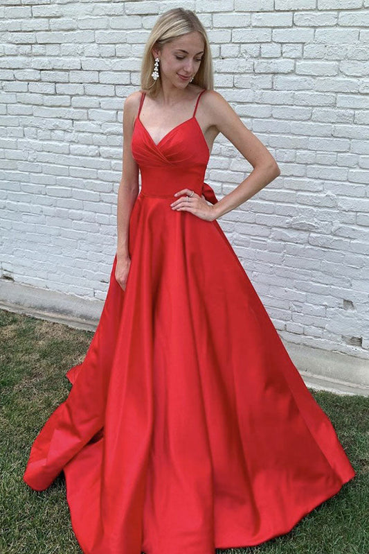 Red V-Neck Satin Long Prom Dress Red Satin Evening Dress