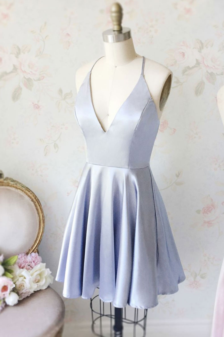 Light Blue V-Neck Short Prom Dress Blue Homecoming Dress