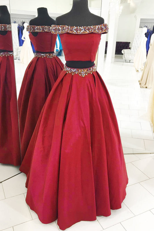 Burgundy Two-Piece Beaded Long Prom Dress Burgundy Evening Dress