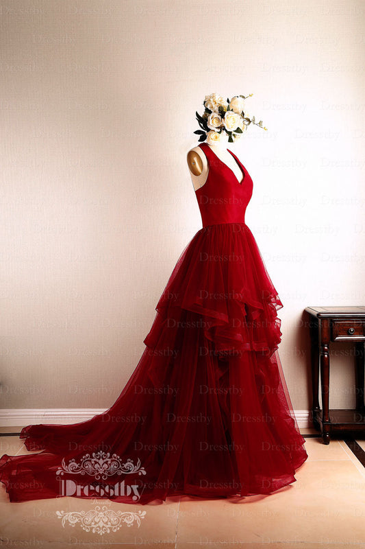 Burgundy V-Neck Tulle Long Prom Dress Burgundy Evening Dress