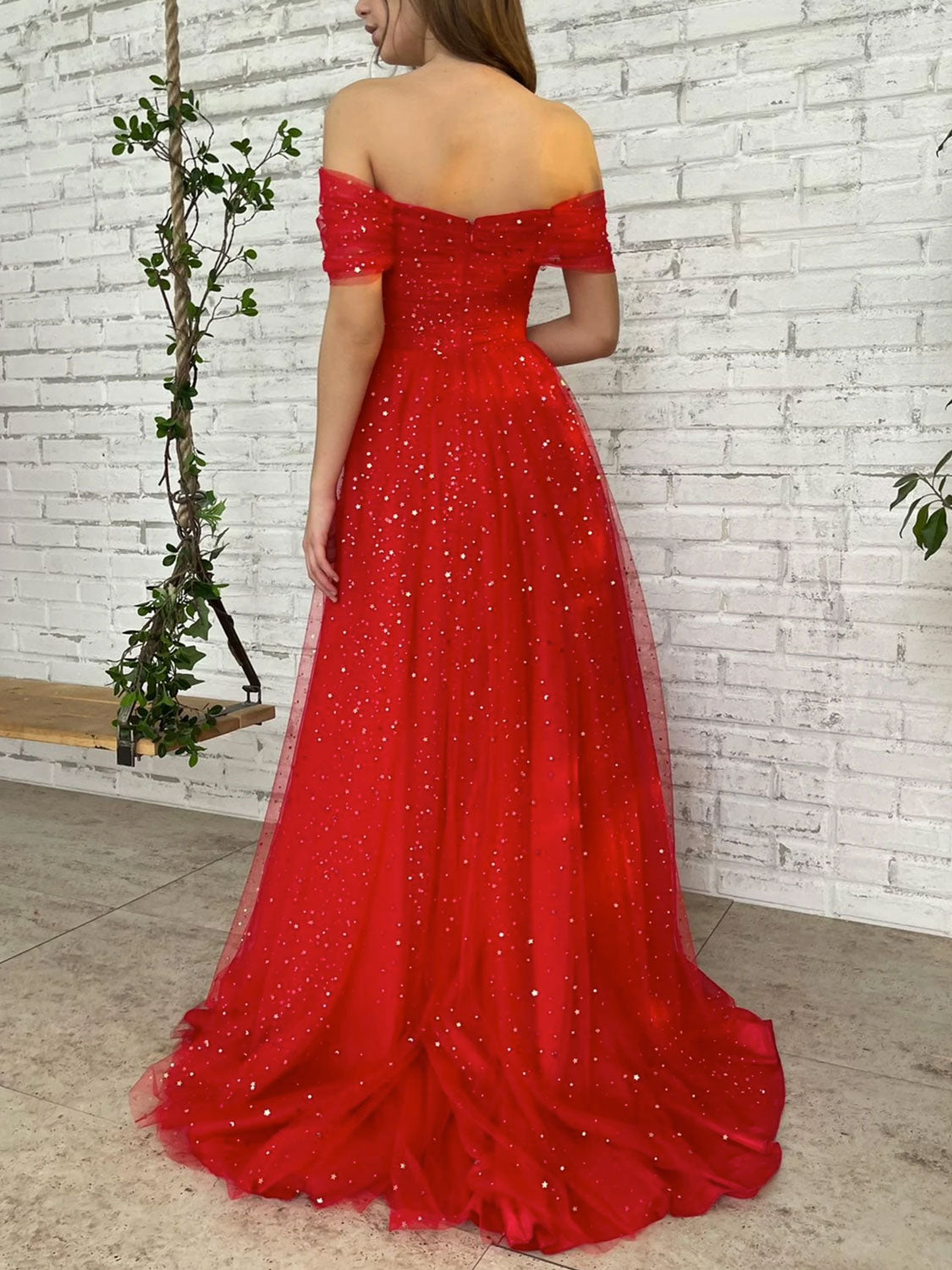 Simple Red Tulle Off-Shoulder Long Prom Dress Red Tulle Formal Dress