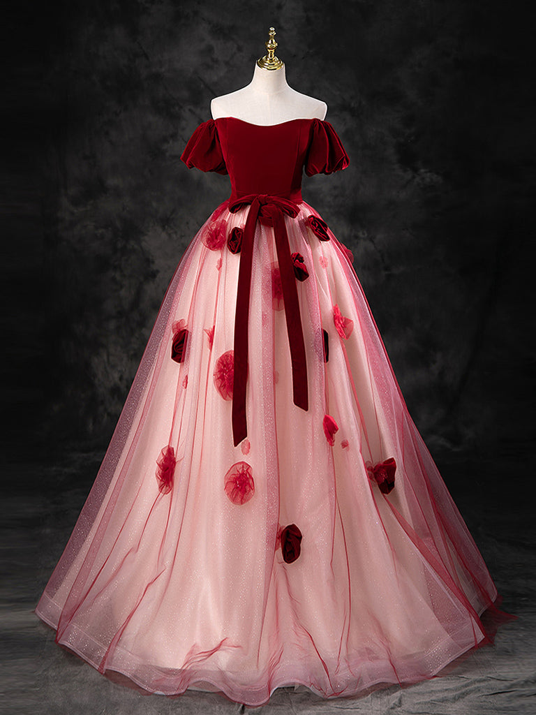 Burgundy A-Line Tulle Long Prom Dress Burgundy Long Formal Dress